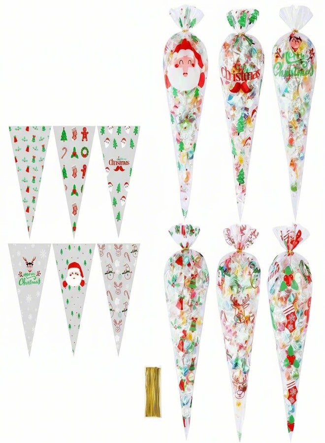 Konsait 120pcs Christmas Candy Bags, Cellophane Snack Bags Clear Cone Cookie Treat Bags with Twist Ties for Bakery Biscuit Chocolate Snacks Christmas Party Favors Supplies Homemade Craft - Image 1